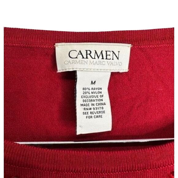 Carmen Marc Valvo Shirt Womens Embellished 3/4 Sleeve Red Size Medium Pullover - Picture 4 of 4